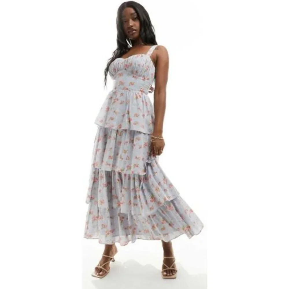 Abercrombie & Fitch Light Blue Floral Tiered Maxi Dress